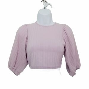 January 7 Ribbed Puff Sleeve Lace Back Crop Top
